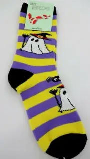 Halloween Socks White Ghost Spider Purple Yellow Stripes Ladies Crew Length