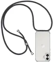 for iPhone 16 Plus Case with Strap, Mobile Phone Case iPhone 16 Plus Mobile Phone Chain Case with Chain Protective Case Cord for Hanging Transparent Soft TPU Silicone Bumper, Black