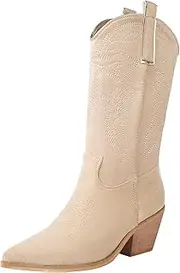 [Reitoye] Women's Embroidered Western Cowboy Boots Mid Calf Chunky Heel Pull-Up Tabs Classic Cowgirl Boot