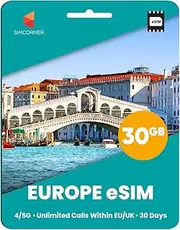 Europe & UK Travel eSim Card - 30GB Data, Calls and Texts Within UK & EU for 30 Days. Use in 50 Countries. Includes 25€ Credit for Calls. International Travel eSIM Card for Mobile Phones