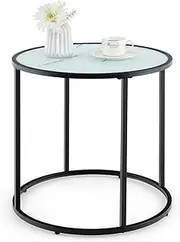 Giantex Glass End Table, 50 cm Round Side Table with Metal Frame & Faux Marble Glass Top, Modern Coffee Accent Table Nightstand for Living Room, Bedroom, Balcony, Small Space, Black & White