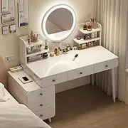 Multifunctional Makeup Vanity Dressing Table with LED Mirror, Dressing Table with 6 Drawers & 2 Shelves-Vanity Set for Bedroom, Vanity Desk White