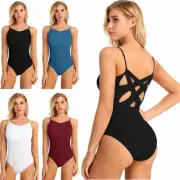 Women Cross Cross Back Cami Leotard Top Strap Ballet Dance Bodysuit Built in Bra