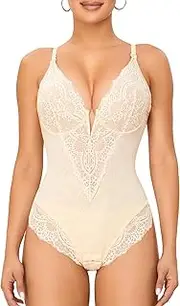 [SAYFUT] Lace Bodysuit Backless Shapewear for Women V-Neck Tummy Control Thong Body Shaper, Nude