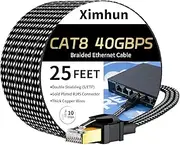 Ximhun Cat 8 Ethernet Cable 25 FT, High-Speed Braided Internet Cable Network Cord with RJ45 Connector 40Gbps 2000Mhz Heavy Duty LAN Cable Shielded Indoor