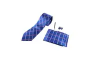 Mens Blue, Silver & Pink, Checkered Matching Neck Tie, Pocket Square, Cuff Links And Tie Clip Set