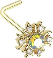 [Pierced Owl] 20GA Gold Plated 316L Stainless Steel CZ Crystal Sun L-Bend Nose Stud, 20ga, Metal, cubic zirconia