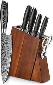 XINZUO 7PC Damascus Steel Knife Block Sets, Professional High Carbon Steel Chef Knife Santoku Slicing Utility Fruit Knife with Multifunctional Kitchen Shears,Ergonomic Pakkawood Handle - Ya Series