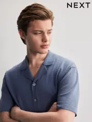 Slate Blue Regular Fit Cotton Rich Short Sleeve Knitted Shirt with Cuban Collar (E30371) | $47