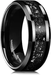 [King Will] Men's Wedding Band 8mm Black Plated Tungsten Wedding Ring for Men with Vibrant Silver Meteorite Glitter Inlays Comfort Fit| Galaxy Collection