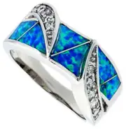 Women Silver Rhodium Plated Simulated Opal Inlay Ring Small CZ stone Accents 8mm