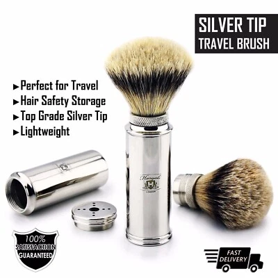 Travel Men's Shaving Brush-Synthetic Silver Tip Hair, Stainless Steel Handles