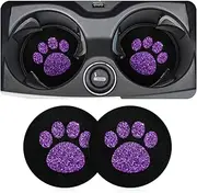 AUCELI 2 Pack Car Cup Holder Coasters, 2.75In Bling Glitter Rhinestone Paw Print Cup Coaster, Rubber Non-Slip Insert Auto Drink Mat, Universal Car Interior Accessories for SUV, Truck, RV (Purple)