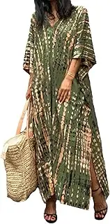 [JENJON] Women Cover up Dress Maxi Embroidery Kaftan Short Sleeve Bikini Swimsuit Side Split Dresses