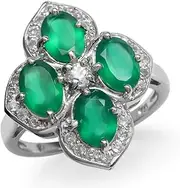 [Silvershake] 3ct. Natural Emerald Green Agate & White Topaz Gold Plated 925 Sterling Silver Flower Cluster Ring
