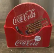 New Collectable Coca Cola 6 Pc Coaster Set with Standing Metal Holder Red Coke