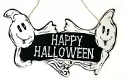 Ghostly Happy Halloween Ghost Sign Wood 14" x 9" NWT