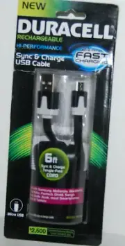 Duracell Hi-Performance Sync Charge USB Cable Fast Charging Micro-USB 6 ft NEW B