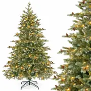 Costway Pre-Lit Christmas Tree PE Pine Tree w/8 Modes LED Light Sparkling Glacial Fir Xmas Decoration