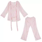 Women Home Clothing Pajamas Sets 3 Pieces Fashion Ice Silk Stripe Women1074