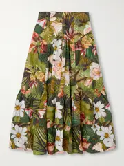 [Farm Rio] Farm Rio - Botanical Forest Asymmetric Tiered Linen-blend Midi Skirt - Green - small small Green