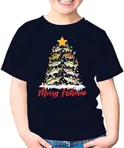 [SDVN] Merry Fishmas Funny Christmas Tree Lights Fish Fishing Rod Fisherman Xmas Unisex Kids Shirt Gift Youth T-Shirt (Navy;XS)
