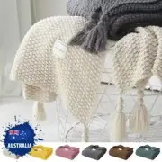 Tassels Knitted Waffle Blanket Soft Warm Sofa Bed Throw Travel Blankets Large AU