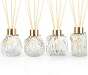 Trifolic 4-Piece Reed Diffuser Set with Metal Golden Decoration, 3.5-4.2oz Empty Bottles and 20 Reed Sticks, Unique Design for Home and Office (4 Different Bottles)
