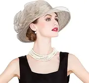 [KorhLeoh] Women Organza Sun-Hats Wide-Brim Church-Hats for Tea Party Bridal Wedding Dress Hat