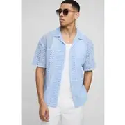 Mens Light Blue Oversized Revere Zig Zag Open Weave Panel Shirt