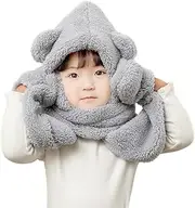 [EUBUY] Winter Faux Fur Hood Hat Scarf and Gloves for Kids, 3 in 1 Lamb Wool Hooded Scarf for Girls and Boys 1-7 Years Old
