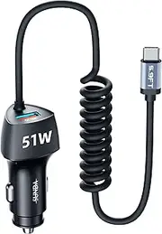 SUNDA USB C Fast Car Charger 51W Dual Ports, Built-in 5.9FT Type C Phone Charger Cable, USB-C Port Charger with PPS 33W/PD 30W/&QC 18W, Compatible with Samsung Galaxy S23/S22/A12/A20/A51/Note23