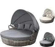ALFORDSON Sun Bed Sofa 3PCs with Adjustable Canopy, Wicker Outdoor Tanning Lounger with Fabric Seat Cushions & Pillows, Steel Frame Lounge Chair Furniture for Garden Pool Patio Backyard, Grey