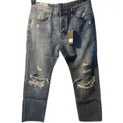 NWT Man x One Teaspoon Men's Cropped Jean Blue Suede Mr Whites Distressed 34R