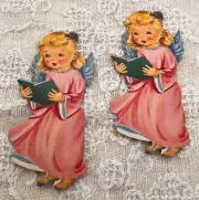 Vintage Dennison Die Cut Angels Singing Carols 3.25"Tall Two Angels Miniature