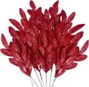 Ruidazon 24 Pcs Red Artificial Glitter Leaves, 13" Glittered Christmas Red Fl...