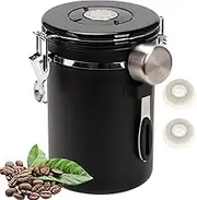 1.8L Coffee Canister Airtight Coffee Storage Container Stainless Steel Air Tight Coffee Jar with Scoop, Date Tracker, 2 Extra Valve Filters for Beans Ground Tea Flour Sugar (Black)