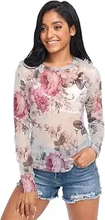 [ODAWA] Vintage Floral White Long Sleeve Sheer Blouse Sheer Mesh Tee Shirts Top Soft Silky Tee Top for Women