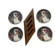Stone Coasters DOG BEAGLE Set Of 4 with WOOD STAND!! Vintage 80's!!! BRAND NEW!