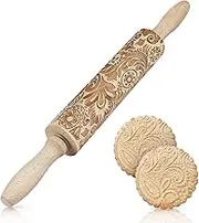Flexzion Embossed Rolling Pins, Wooden Pastry Cookie Roller, Wood Engraved Pin w/Handle, Classic Style Paisley Pattern Design Textured Dough Maker, Baking Tool Set for Cake Fondant Clay Kitchen - 16"