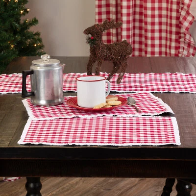 VHC Brands Placemats Emmie Red Farmhouse 12x18 Set of 6 Rect Check Holiday Decor