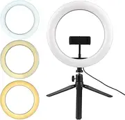 26CM/10IN 3-Colors Ring Fill Light Kit Muiti d Desktop Circle Lamp with Tripod Stand & Phone Holder 3200K–6000K 10 Adjustable for Live White & Warm White & Warm Low Without Remote Control