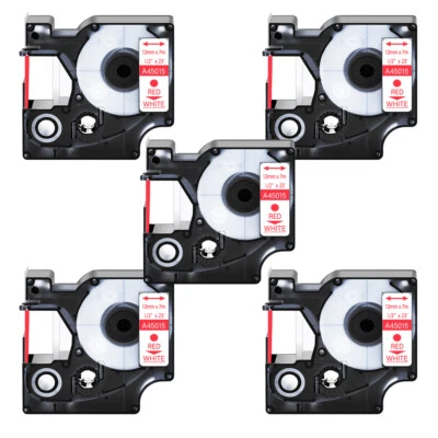 5× Red on White label tape 12mmx7m For DYMO D1 45015 LabelManager 100 120P 150