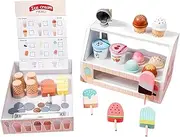 Scoop & Serve Ice Cream Counter Playset for Kids, Toddler Girls & Boys Age 2-5 3 Year Old Montessori Pretend Play Food Toys Learning Kitchen Accessories Wooden Popsicle Set & Fake Cash