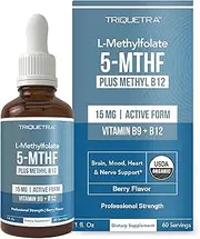 L Methyl Folate 15mg Plus Methyl B12 Cofactor – Organic, Berry Flavor, Professional Strength, Liquid Sublingual, Active 5-MTHF Form - Supports Mood, Homocysteine Methylation, Cognition (1oz Liquid)