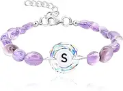 [Uloveido] Purple Natural Stone and Austrian Crystal Letter Bracelet, Personalized Initial Jewelry for Women A-Z 26 Letters