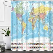 [iTapnoom] World Map Shower Curtain, Map of The World with National Educational Fabric Shower Curtains Set for Bathroom Boys Girls Kids Map Bath Decor with Hooks 72 X 72 Inch