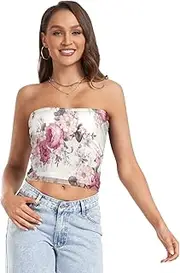 [RPLIFE] Vintage Pink Flowers Crop Top, Strapless Top Going Out, Sheer Tube Tops, Sexy Tube Tops (S)