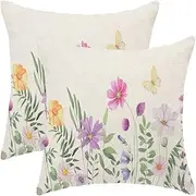 AEIOAE Spring Flower Pillow Covers 18 X 18 Inch Set of 2, Wildflower Floral Plant Outdoor Farmhouse Decorative Cushion Case for Couch Home Sofa Living Room