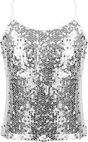 [Lejafay] Kids Girls Spaghetti Shoulder Straps Shiny Sequins Tank Tops Ballet Dance Performance Crop Top